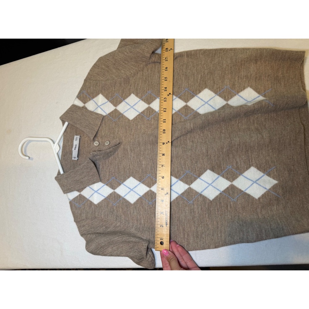 MNG Mango Women Brown Argyle Knit Short Sleeve Polo Sweater Size Small - Picture 6 of 7